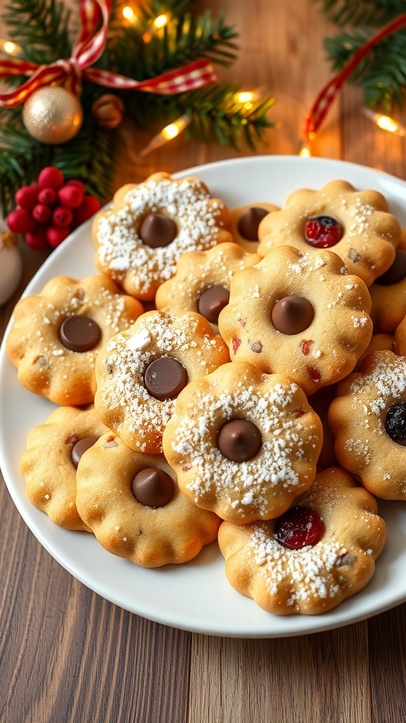 Classic Australian Christmas Cookies Recipe A plate of golden brown Christmas cookies with chocolate chips and dried fruits, decorated for the holiday season.
